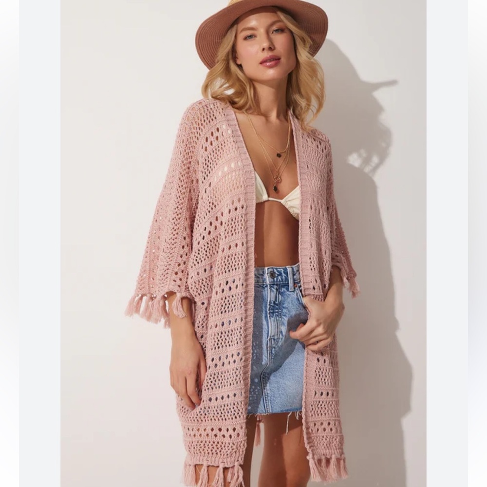 Roaman's Peachy-Pink Open-Knit Cardigan Sweater